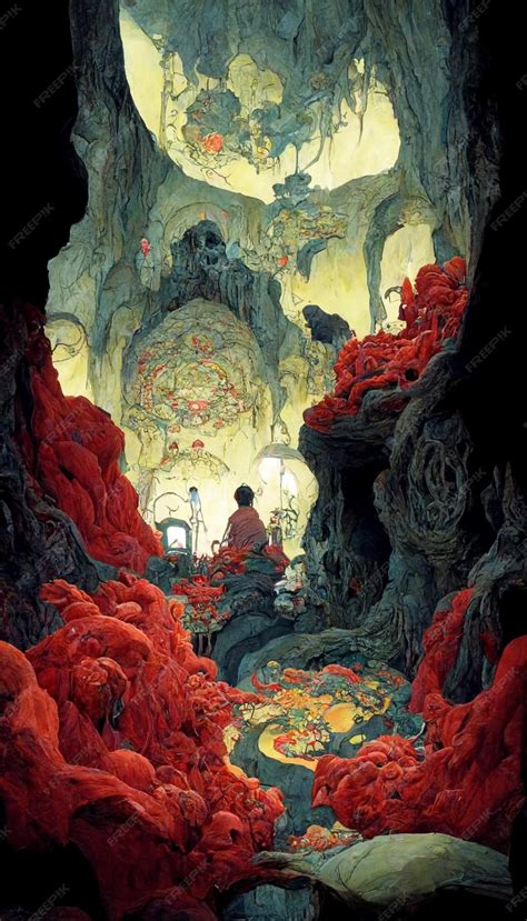 Premium AI Image | A painting of a man in a cave with a red and orange ...