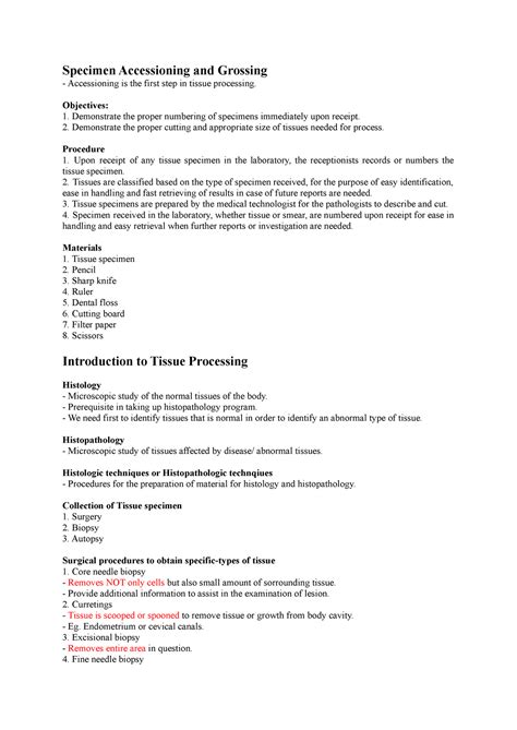 Specimen Accessioning And Grossing Specimen Accessioning And Grossing