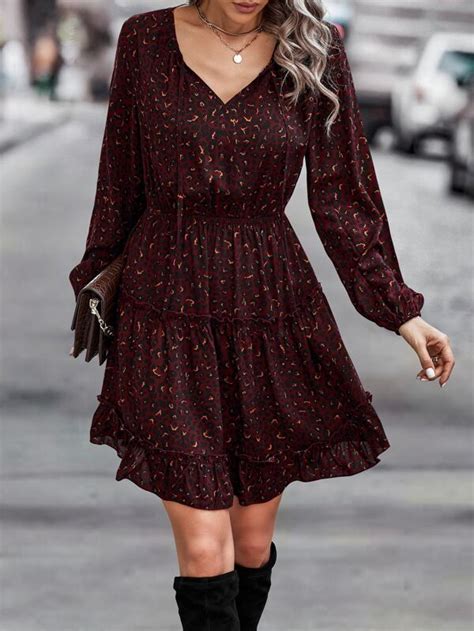 Shein Lune Leopard Print Bishop Sleeve Ruffle Hem Dress Shein Usa