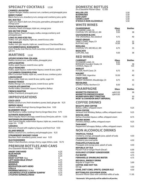 Chicago Improv Food and Drink Menus