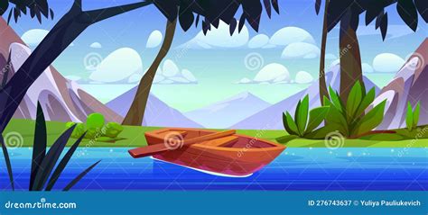 Mountain River With Boat In Forest Landscape Scene Stock Illustration