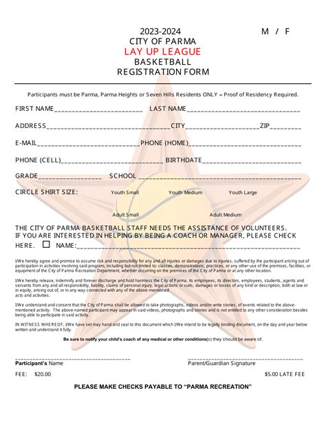 City Of Parma Ohio Lay Up League Basketball Registration Form