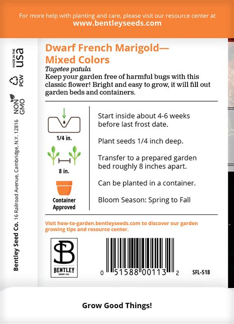 Marigold Dwarf French Mix Seed Packets Bentley Seeds