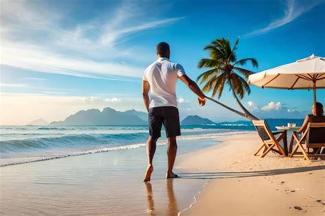 Premium Photo A Man Walks On A Beach With A Beach Umbrella And A Palm