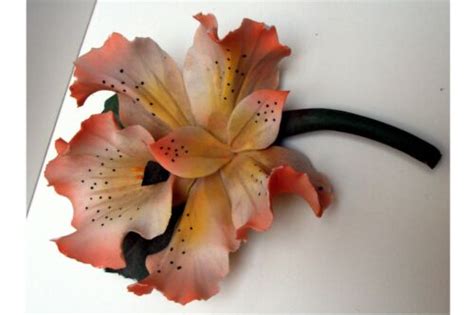 Vtg Orange Stamped Capodimonte Fabar Porcelain Flower On Stem Made In