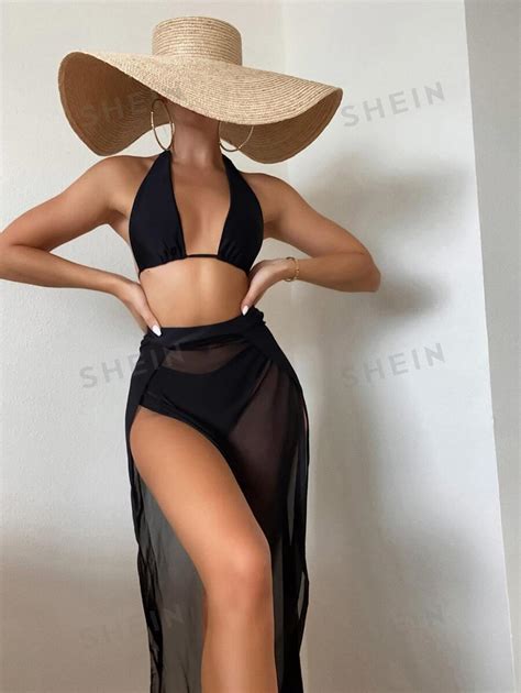 Shein Swim Solid Bikini Set Halter Bra Swim Panty Cover Up Skirt