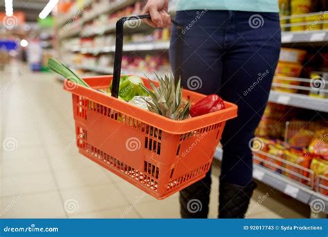 Woman With Food Basket At Grocery Or Supermarket Stock Image Image Of