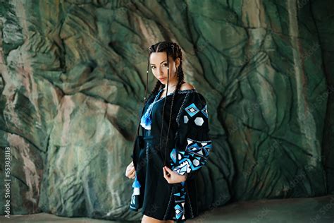 Beautiful Ukrainian Brunette With Two Braids In Ukrainian Traditional Costume Vyshyvanka