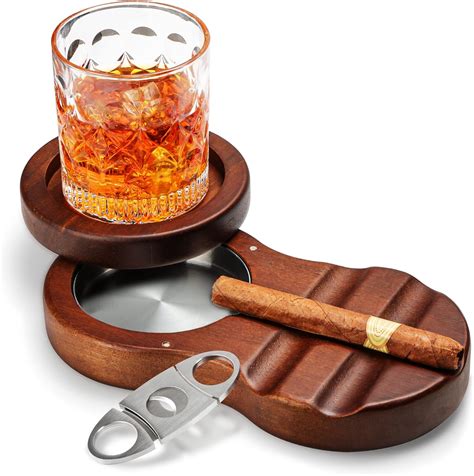 Reamic Wooden Cigar Ashtrays Coasterwhiskey Glass Tray Cigar Holder Revolving And1 Cigar Cutter