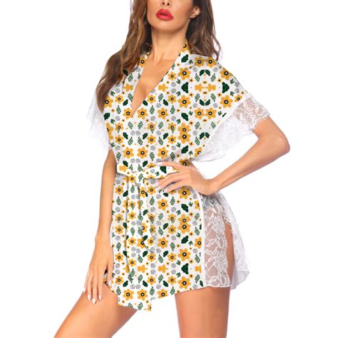 Women Sexy Lingerie Satin Sleepwear Eyelash Lace Kimono Side Split Silk Robes Fancyra