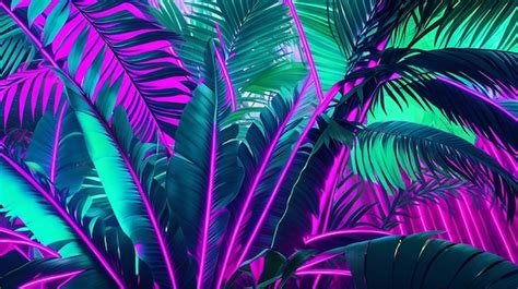 Premium Ai Image Tropical Palm Leaves Neon Lights