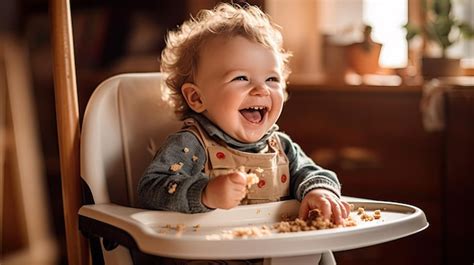 Premium Photo | Funny baby eating healthy food in kitchen