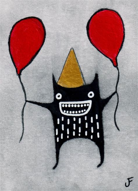 Aceo Art Print Party Monster Red Balloon Outsider Folk Art Collectible