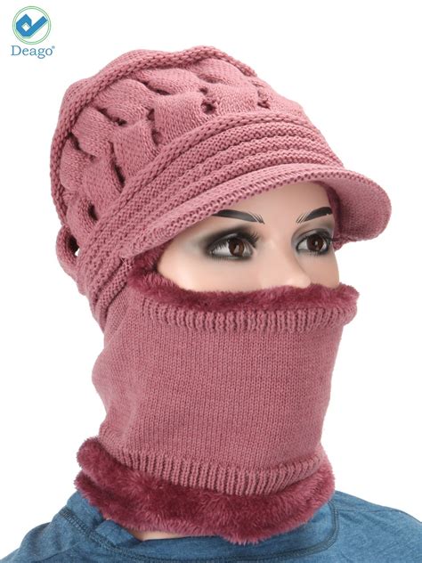 Deago Womens Bib Beanie Hat Pom Bobble Scarf Mask Set Knitted Winter