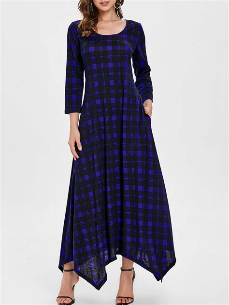 25 OFF 2021 Scoop Neck Handkerchief Plaid Maxi Dress In NAVY BLUE