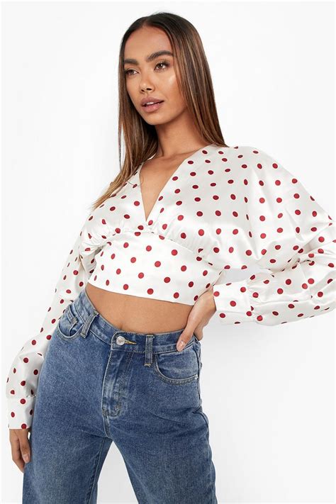 Womens White Polka Dot Satin V Neck Crop Top Boohoo Uk