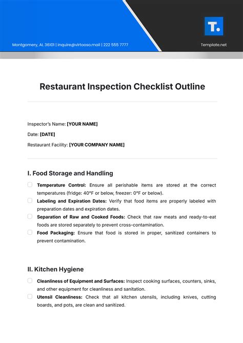 Free Restaurant Inspection Checklist Outline Template to Edit Online