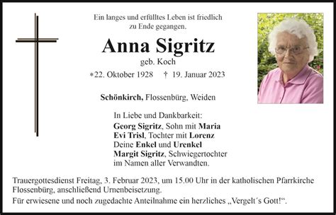 Traueranzeige Anna Sigritz Schönkirch OberpfalzECHO