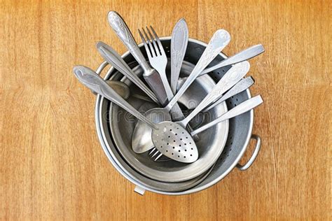 Old Aluminum Kitchen Utensils Stock Image Image Of Basin Metal