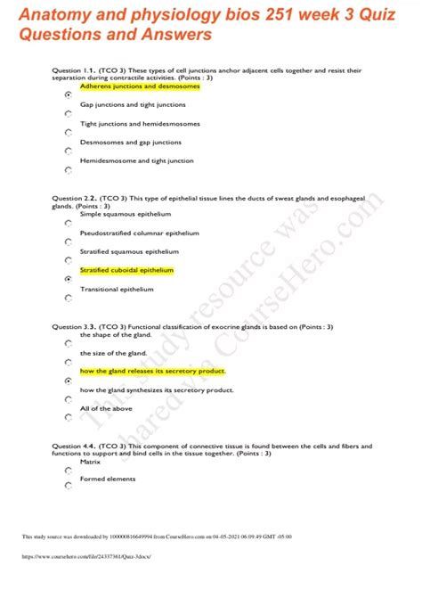 Anatomy Physiology BIOS 251 Week 3 Quiz Questions And Answers BIOS