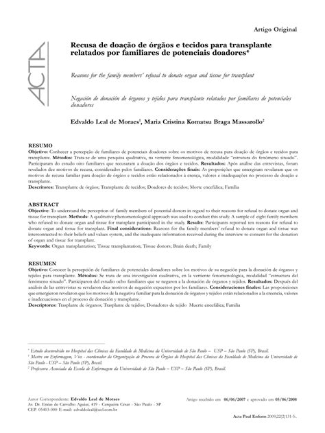 PDF Recusa de doação de órgãos e tecidos para transplante relatados