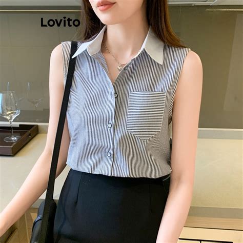 Lovito Women Casual Striped Contrast Collar Tank Top LNE40498 Shopee