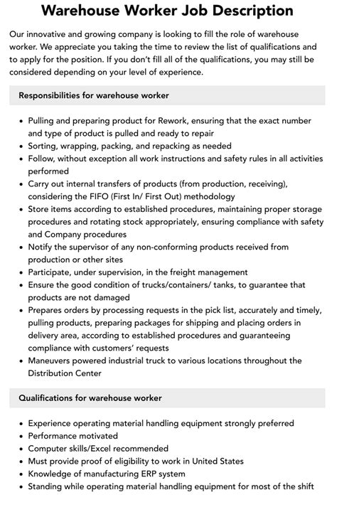 Warehouse Job Descriptions Warehouse Management Job Description