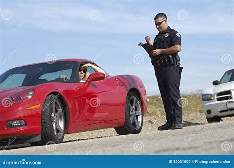 Traffic Cop Standing By Sports Car Stock Image Image Of Information