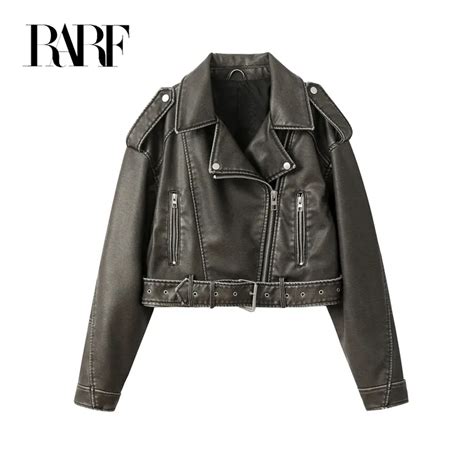 RARF Chaqueta De Cuero Lavado Con Cintur N Para Mujer Abrigo Corto Con