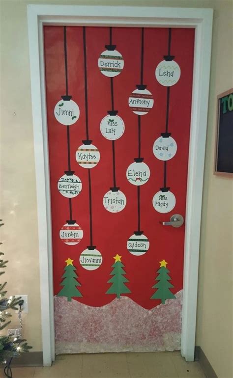 A Door Decorated With Christmas Trees And Signs