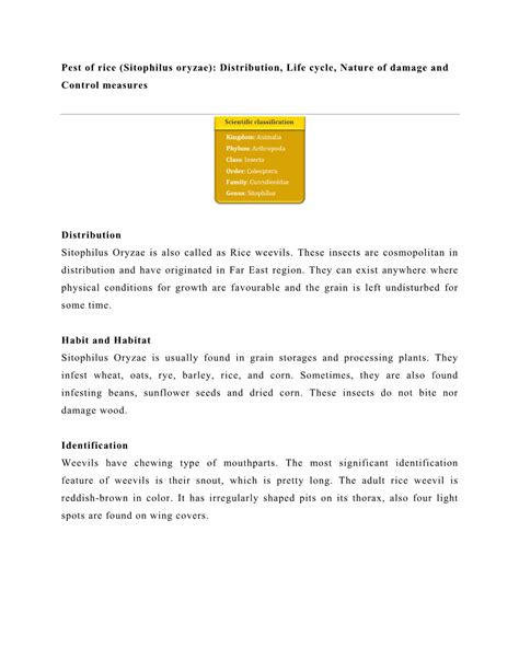 Sitophilus Oryzae): Distribution, Life Cycle, Nature of Damage and Control Measures - DocsLib