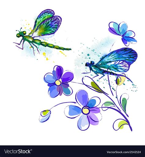 Watercolor background with dragonflies and flowers