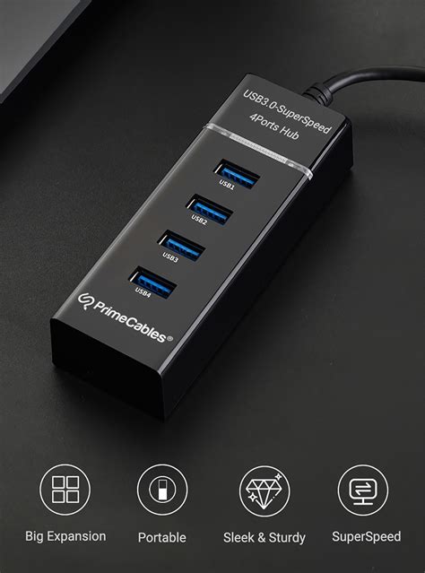 4 Port Usb 30 High Speed Portable Hub Black Primecables®