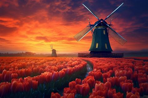 Premium Ai Image A Windmill In A Field Of Tulips With A Sunset In The Background