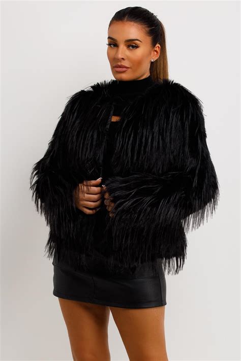 Womens Shaggy Faux Fur Jacket Black Uk