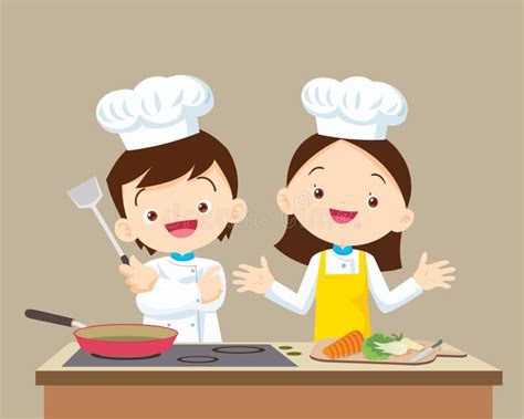 cute  chef boy  girl stock vector illustration  soup kids