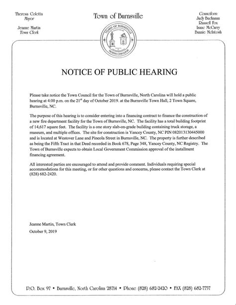 Notice Of Public Hearing On Town Of Burnsville Nc