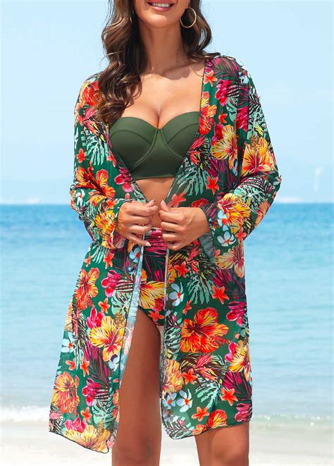 High Waisted Floral Print Three Piece Green Bikini Set Rosewe