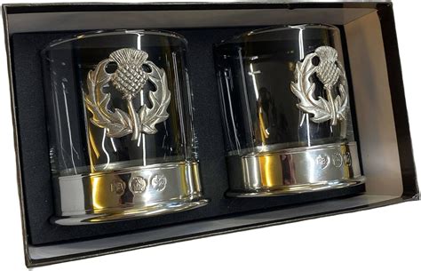 Kwh Pair Of Stunning Pewter Scottish Thistle Whisky Tumblers Whiskey Glasses In