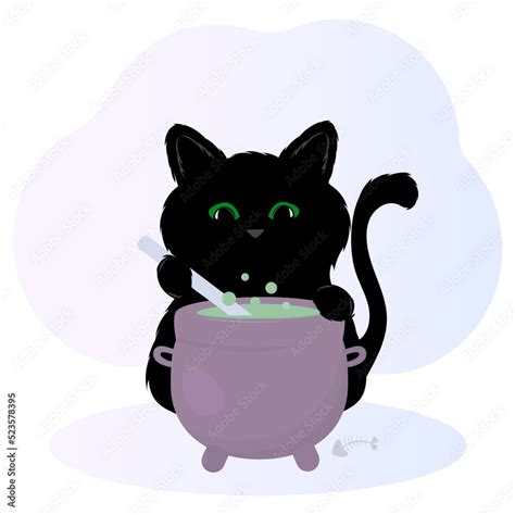 Vector Black Cat Cook In A Cauldron Potion Magical Character Magic