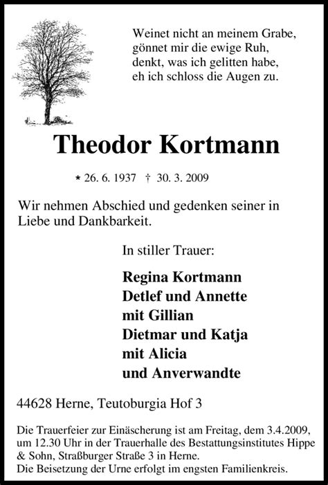 Traueranzeigen Von Theodor Kortmann Trauer In NRW De