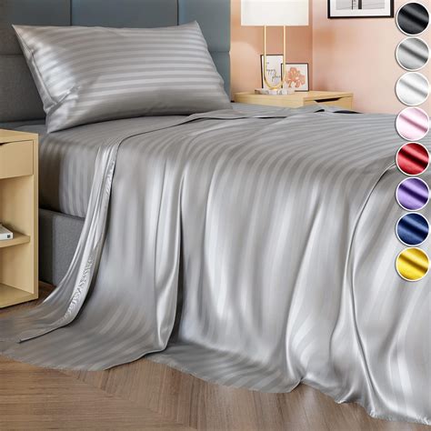 Decolure Striped Satin Sheets Twin Set Pcs Luxurious Silk Feel Satin