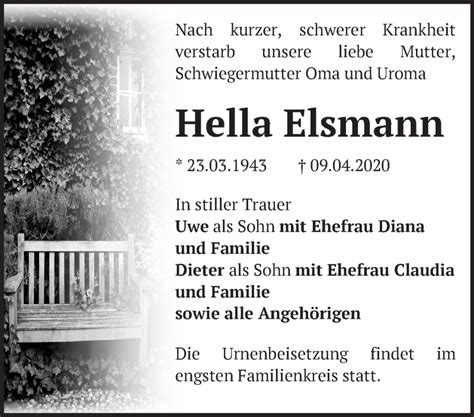 Traueranzeigen von Hella Elsmann Märkische Onlinezeitung Trauerportal