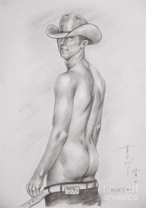 Original Charcoal Drawing Art Male Nude Cowboy On Paper