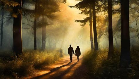 Silhouettes Of Characters On A Walk In The Forest Stock Illustration