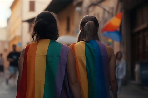 Casal de lésbicas bandeira LGBT de arco íris na parada do orgulho gay Foto Premium