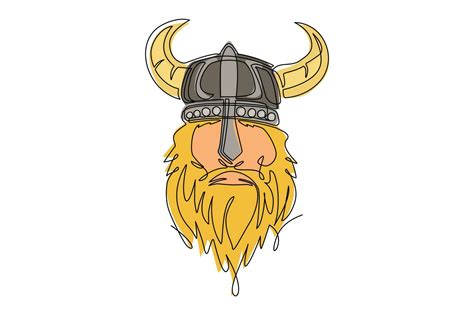 Single Continuous Line Drawing Head Of Bearded Viking Warrior With