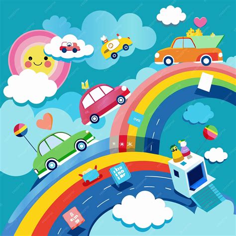 Premium Vector | A rainbow with cars and cars on the road