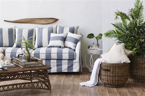 Denim And Cream Stripe 3 Seater Sofa Temple And Webster Daybed Sofa Bed Striped Sofa Lounge