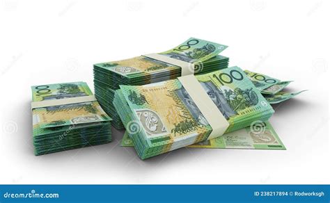 Stack Of 100 Australian Dollar Notes Isolated On White Background Stock